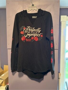 Beautiful Disaster black long sleeve hoodie with red roses and XL